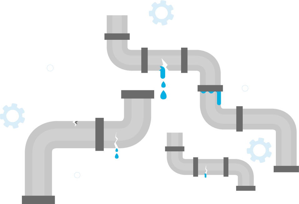 Cartoon of three burst pipes with water leaking out